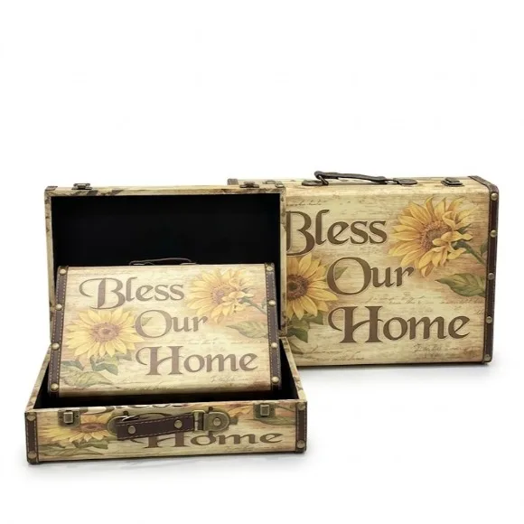 Vintage Suitcase Set of 3, Decorative Leather Trunk with Handles & Latch, Retro Nesting Storage Boxe
