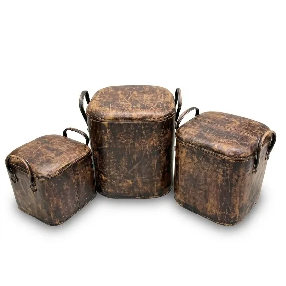 Vintage Style Trunk Box with Padded Tops Ottoman Set of 3  
