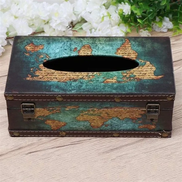 Vintage Style Wooden Tissue Box Antique World Map Graphic Decorative Metal Clasp