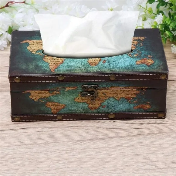 Vintage Style Wooden Tissue Box Antique World Map Graphic Decorative Metal Clasp