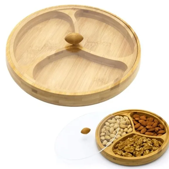 Wood 3-Compartment Snack Bowl with Lid