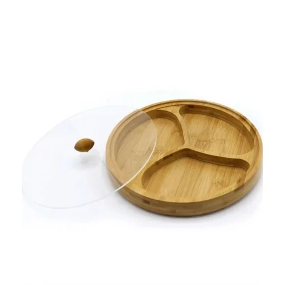 Wood 3-Compartment Snack Bowl with Lid