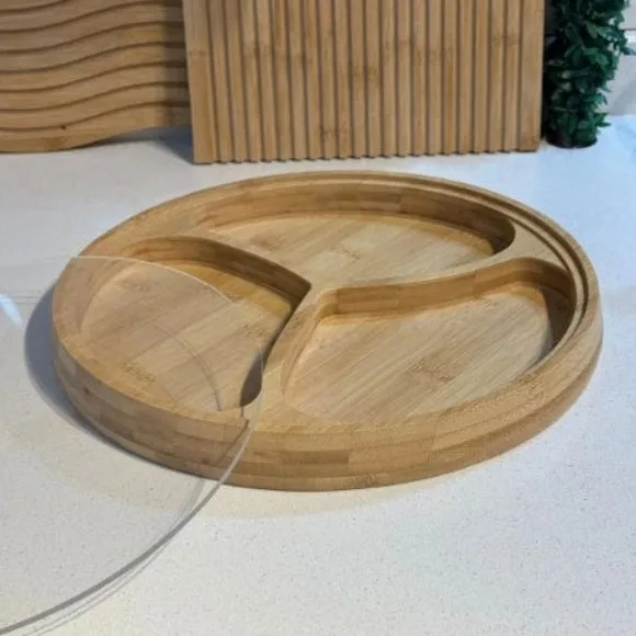 Wood 3-Compartment Snack Bowl with Lid