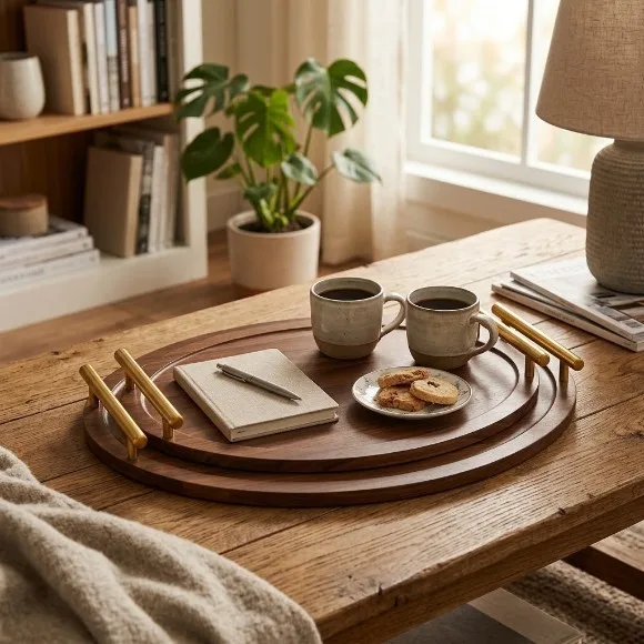 Modern Elegance 2-Piece Oval Wooden MDF Serving Tray Set