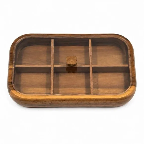 Wooden Divided Serving Tray with 6 Sections and Transparent Lid