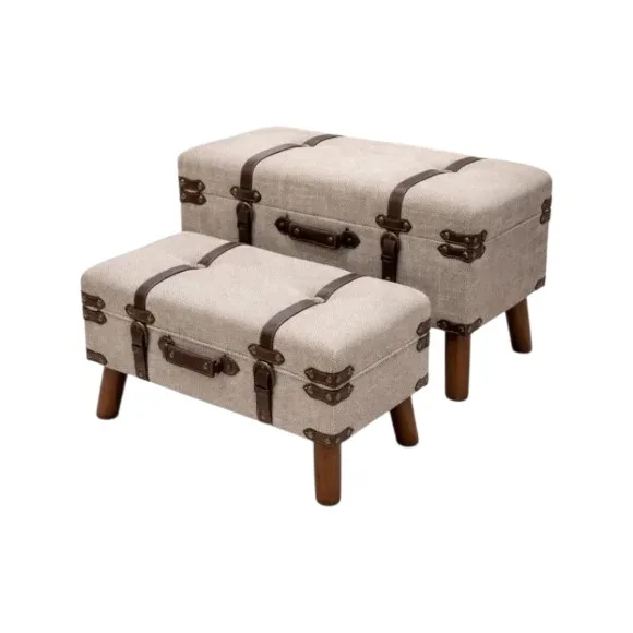 Wooden Trunk Stool Ottoman with Bronze Straps Metal Details