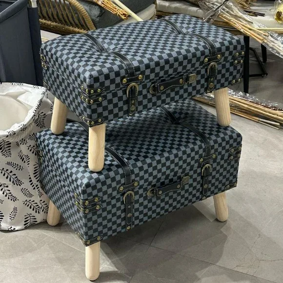 Wooden Trunk Stool Ottoman with Bronze Straps Metal Details