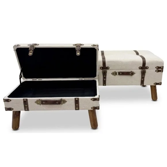 Wooden Trunk Stool Ottoman with Bronze Straps Metal Details