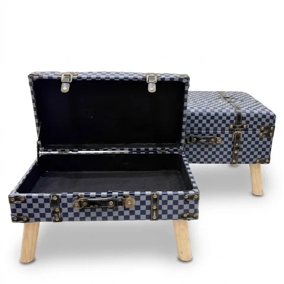 Wooden Trunk Stool Ottoman with Bronze Straps Metal Details